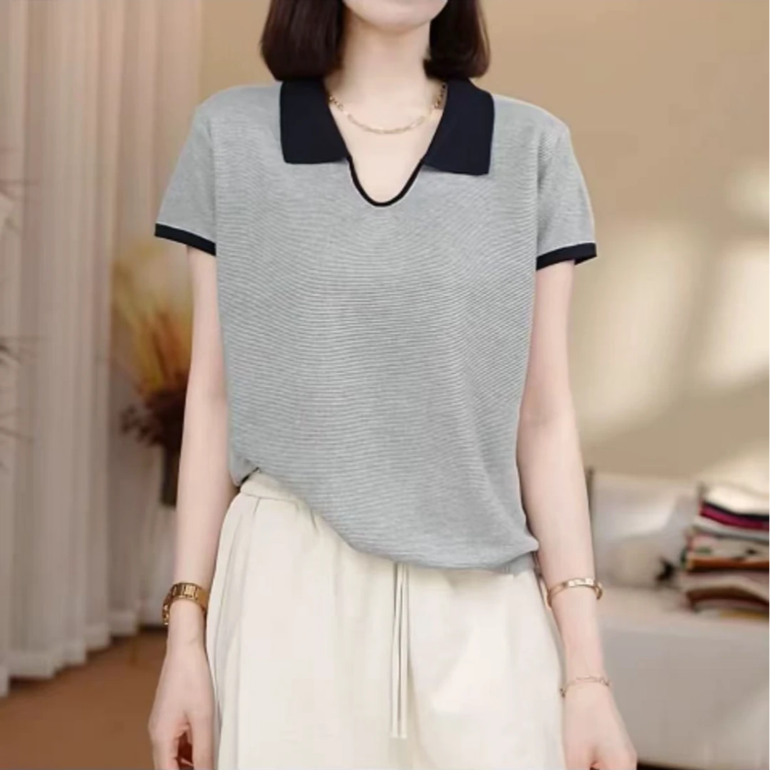 天丝亚麻25夏季新款女装时尚翻领小u套头百搭薄款针织衫上衣潮