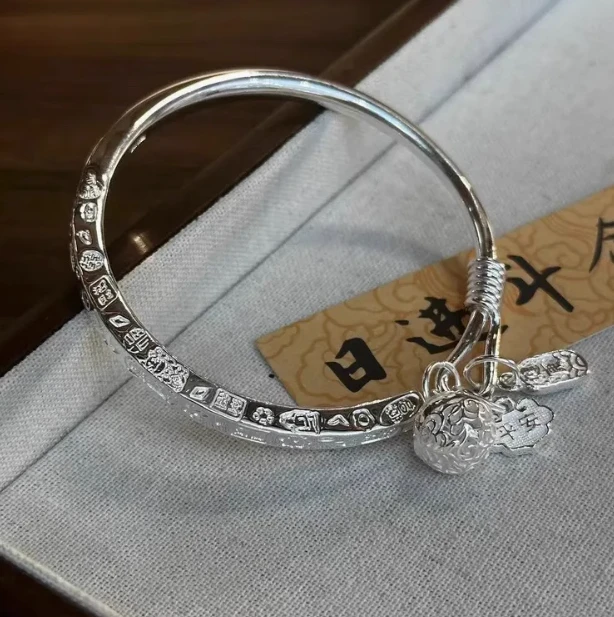 足银手镯 G176足银开口实心手镯手工吉言筷子镯古风银镯子民族风