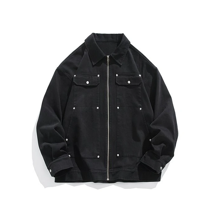 春季新款美式高街黑色撞钉贴片牛仔外套痞帅夹克上衣短款潮牌男装