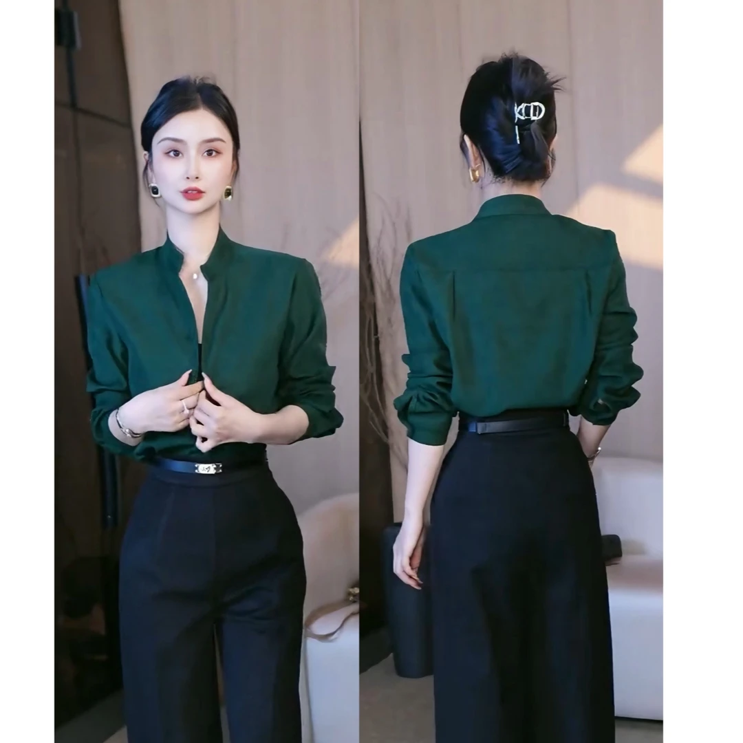 刘欣服饰A店 墨绿色秋冬高龄显瘦加厚秋冬款细纹磨毛衬衣上衣5247