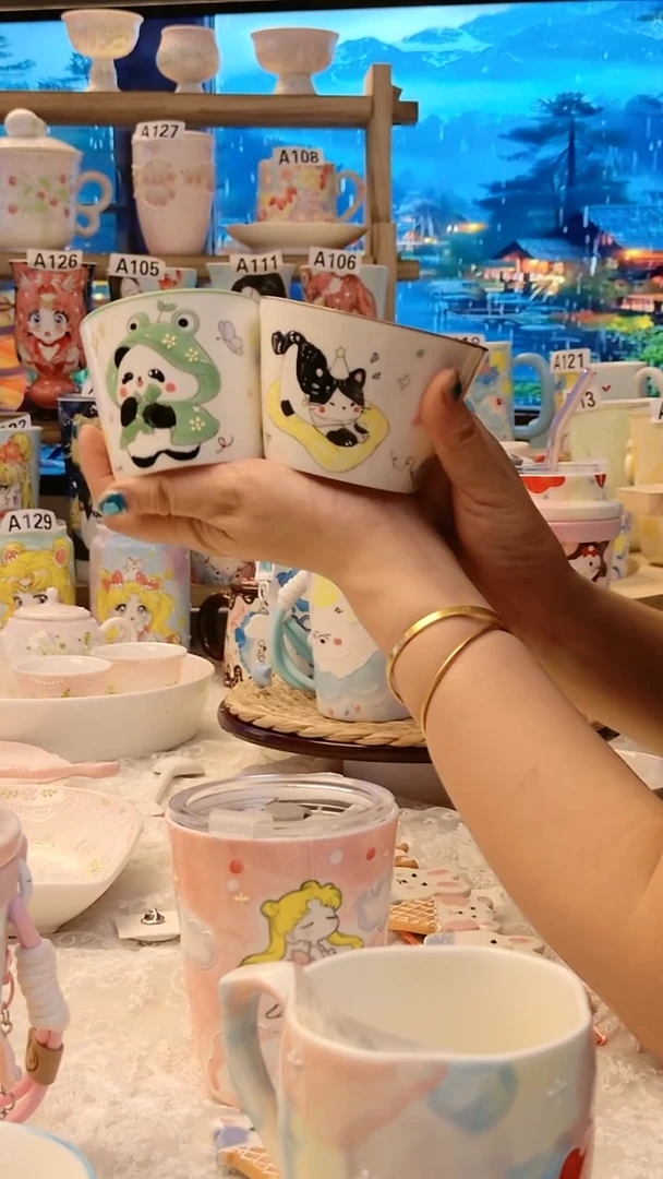景德镇陶瓷手工手绘熊猫和小猫