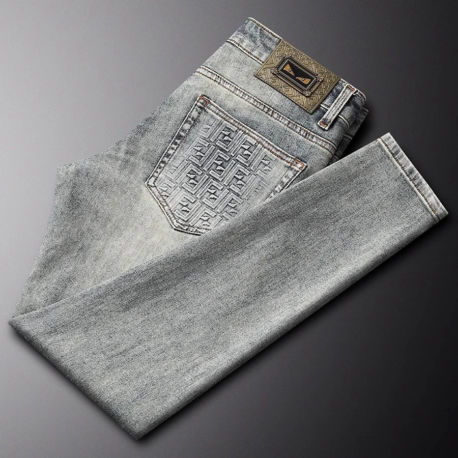 库波昂勒潮流立体烫印牛仔裤男春季做旧刮烂猫须弹力修身小直筒