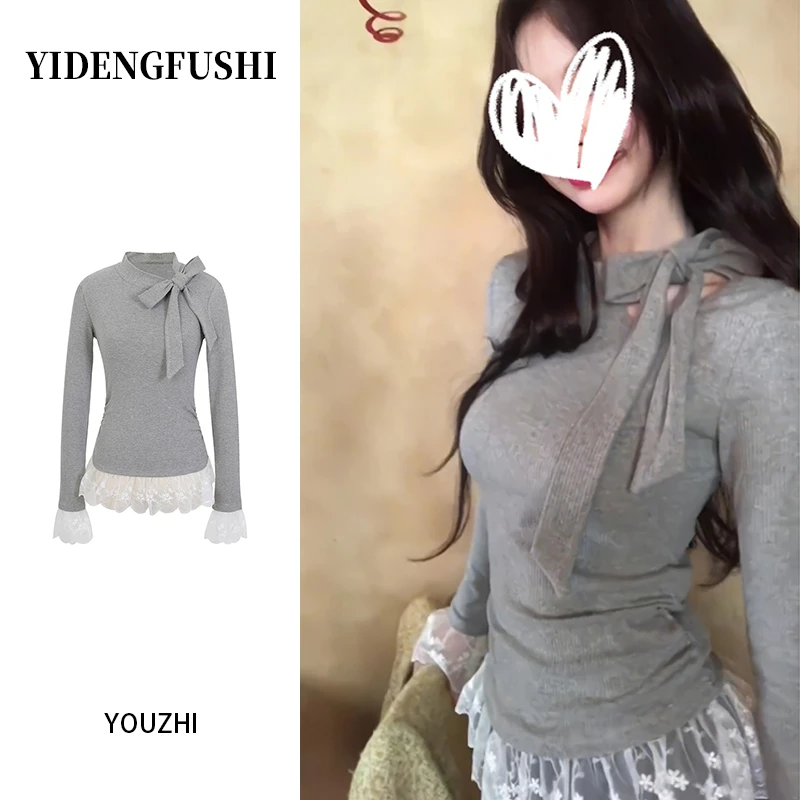 灰色蕾丝拼接长袖T恤女2025早秋芭蕾风纯欲显瘦绑带内搭打底上衣