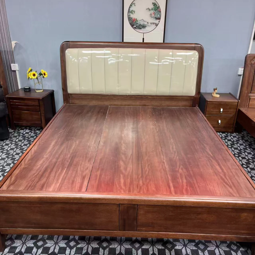 胡桃木中古风宋式美学真皮床钢琴键实木软包床主卧现代简约双人床