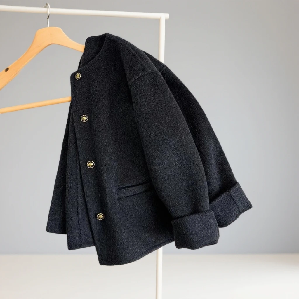 GPTSu秋冬气质单排扣呢子上衣韩系小香风高级感黑色双面毛呢外套