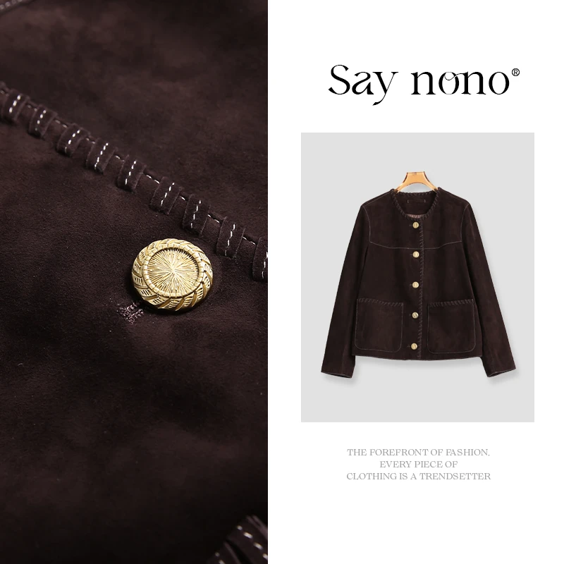 懒猫nono│Saynono 圆领单排扣真皮羊皮皮衣外套/HYH230271