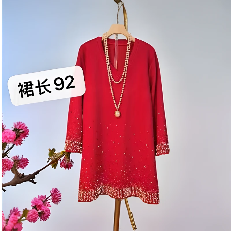 【现货秒发】大码女装优雅钉珠 v领连衣裙宽松显瘦遮肉胖妹洋气裙子