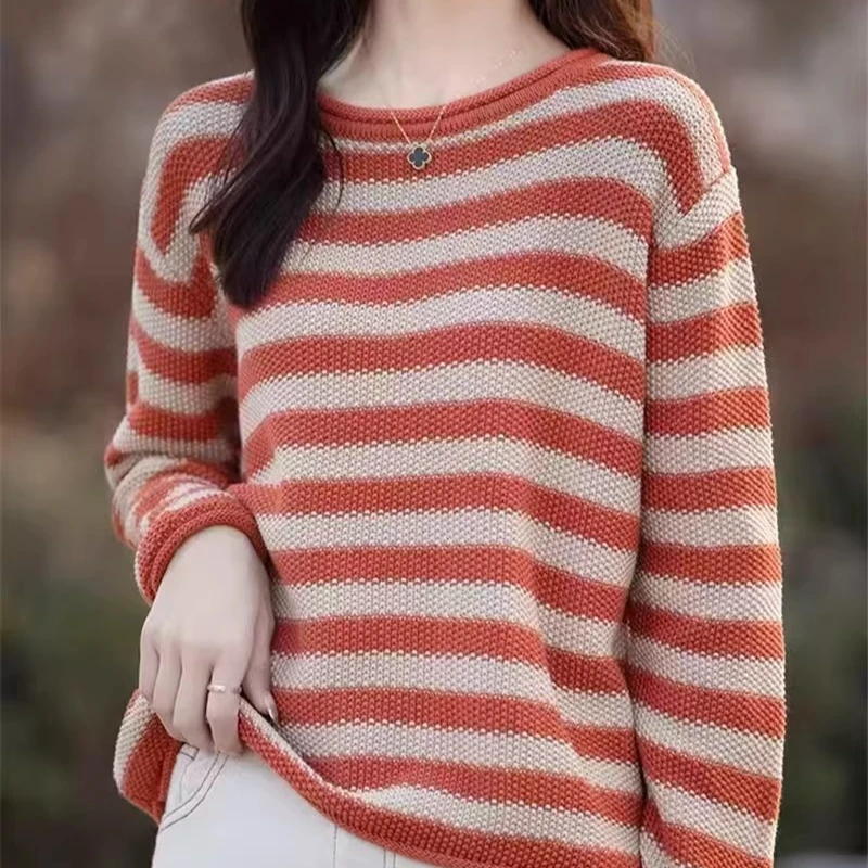 U134秋季条纹套头棉线针织衫休闲女