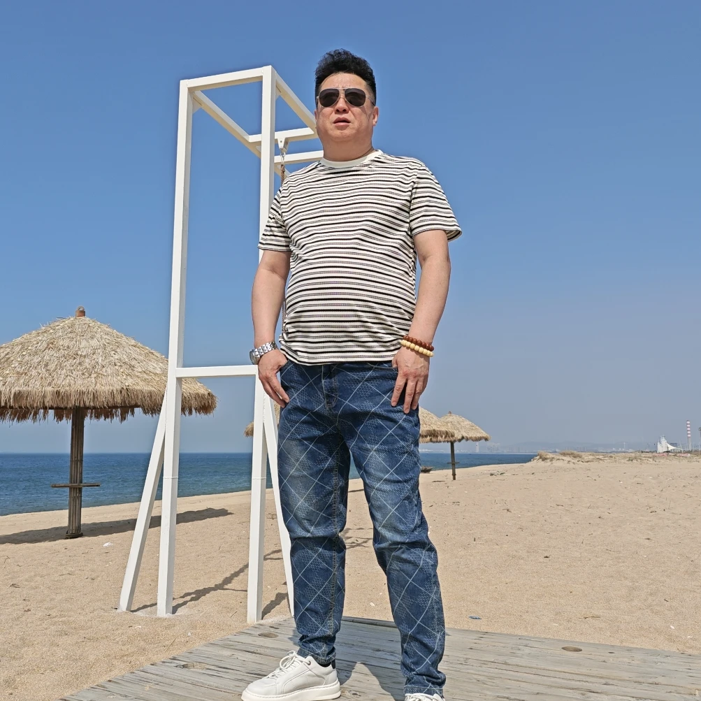 男士时尚夏季修身潮流百搭印花休闲牛仔裤立体剪裁大码男装条纹FN