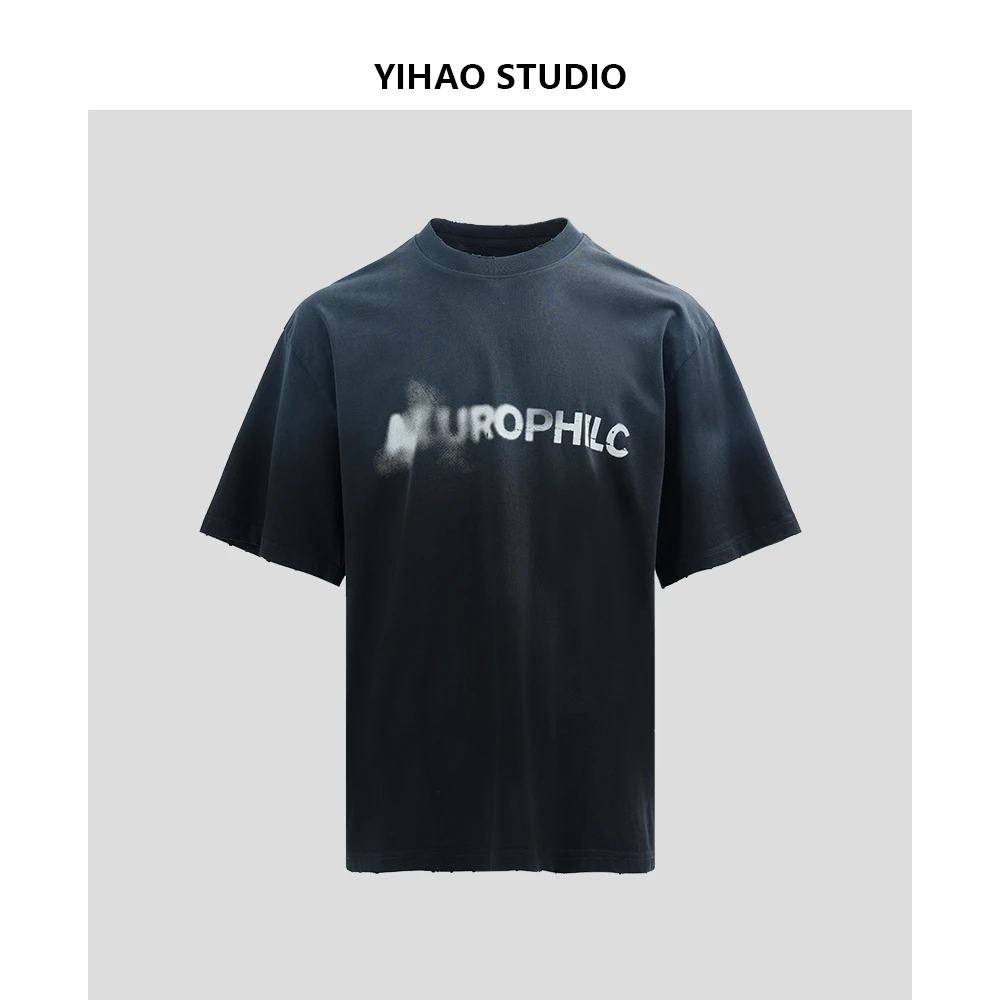 YIHAO STUDIO夏季新款男士英文T恤纯棉休闲宽松时尚潮流做旧短袖