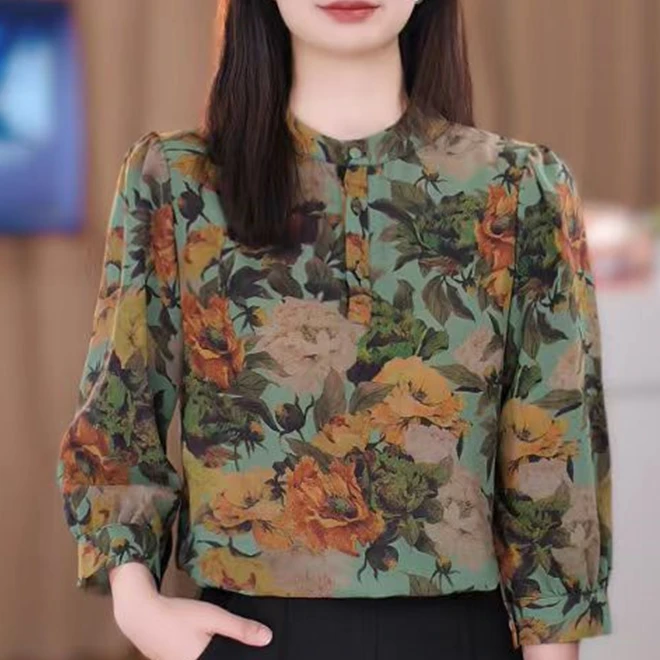X8831新款复古印花宽松百搭衬衫女夏季气质减龄显瘦七分袖小衫女