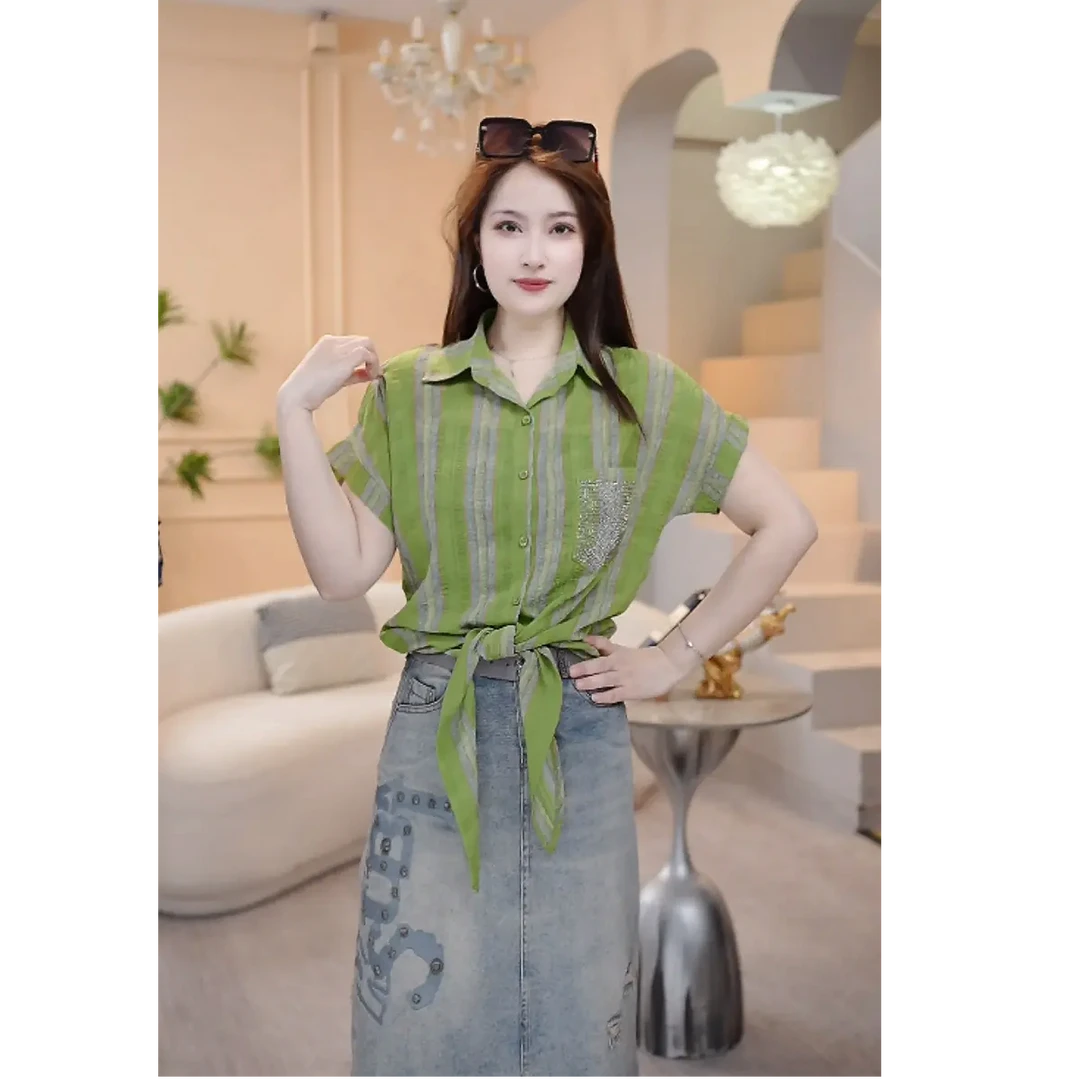 夏季新款复古轻奢短袖衬衫女港味设计感小众打结宽松上衣夏5806