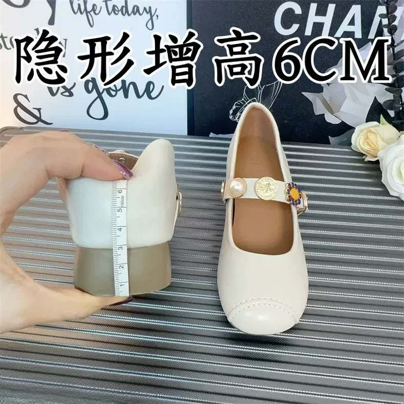 羊皮版~百搭芭蕾鞋黑色气质一字带女鞋2025新款内增高6CM法式单鞋