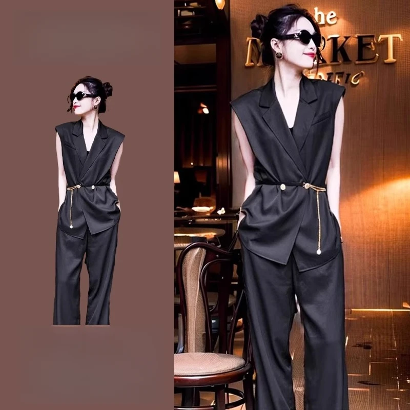 夏装穿搭一整套干练气质女装套装垂感高级感西装马甲阔腿裤两件套