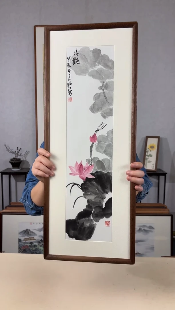 国画手绘*荷花*28*72cm实木框