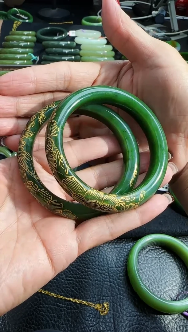 未镶嵌手镯和田玉碧玉描金手镯 圈口58mm  多样性发其一