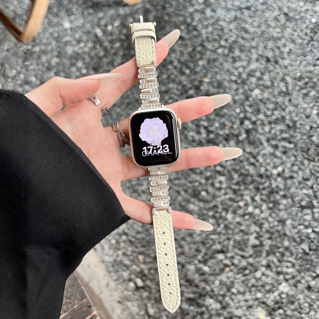 适用applewatchs11/10表带iwatch8苹果手表不规则镶钻拼皮表带女