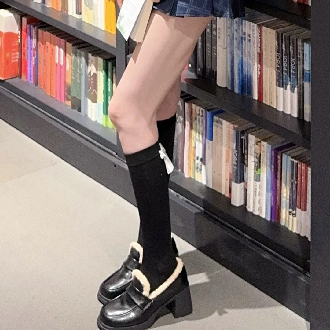 FussyY秋冬新款黑色棉质蝴蝶结甜酷少女风及膝小腿袜子压力袜女