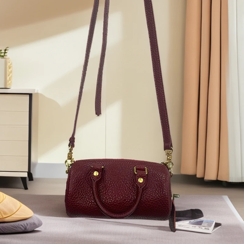 【JIANCHUANG】2025头层牛皮红色小圆桶笔筒包手提单肩斜跨高级感女