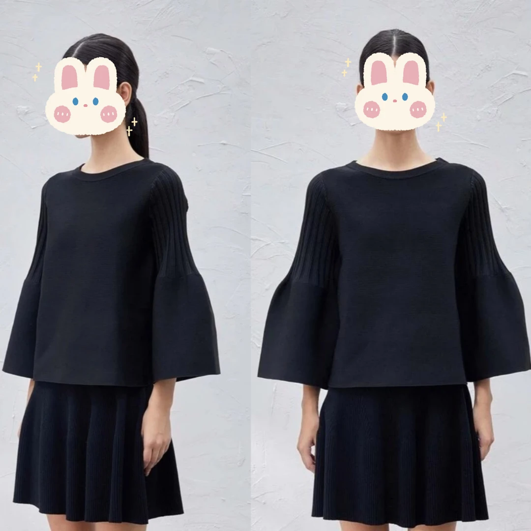 黑色法式针织衫显瘦长袖气质复古毛针织衫+高腰A字裙BB50278