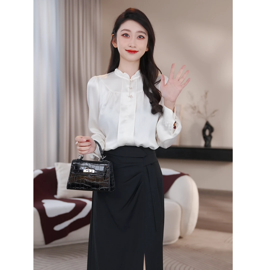 【曼贝】米白衬衫女长袖2025春季新款设计感气质衬衣8491291【甜甜】