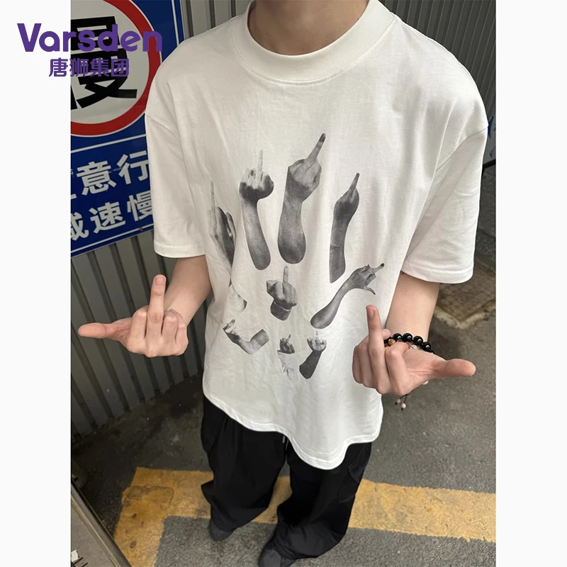 唐狮集团Varsden夏季新款美式手指印花潮流短袖T恤男女纯棉上衣