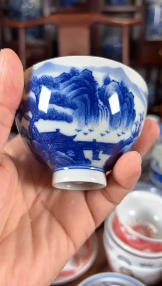 柴窑青花山水纹鸡心杯杯
