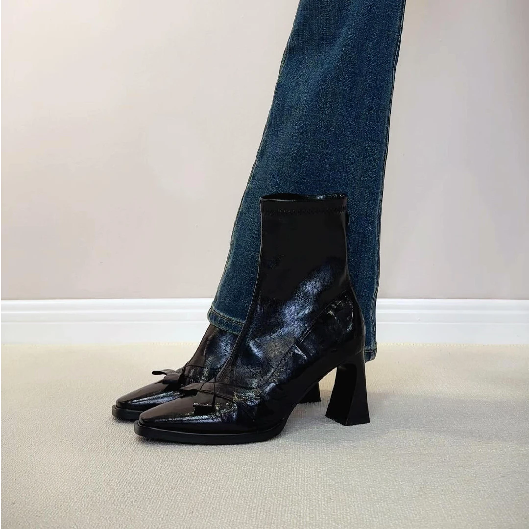 羊皮版~复古蝴蝶结高跟靴小方头气质粗跟短靴后拉链弹力瘦瘦靴女