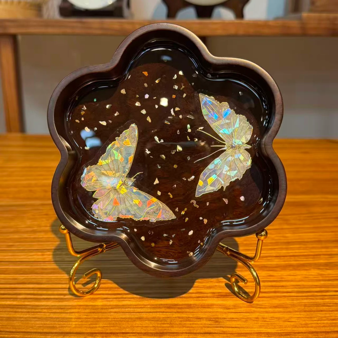 龙福木艺 黑檀木梅花深壶承15.15.4cm