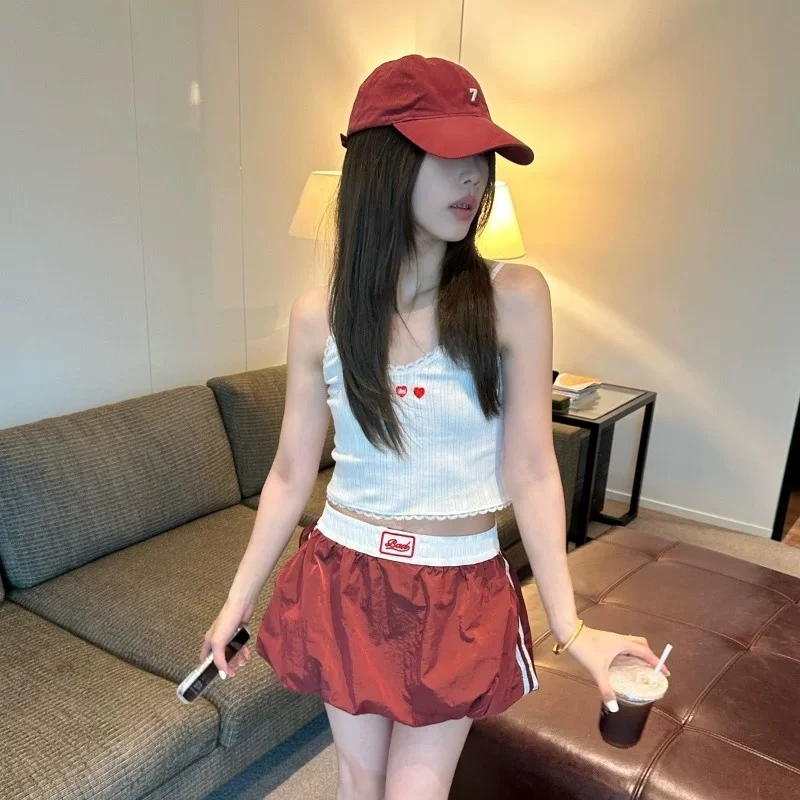 甜美爱心字母刺绣蕾丝边棉吊带背心女