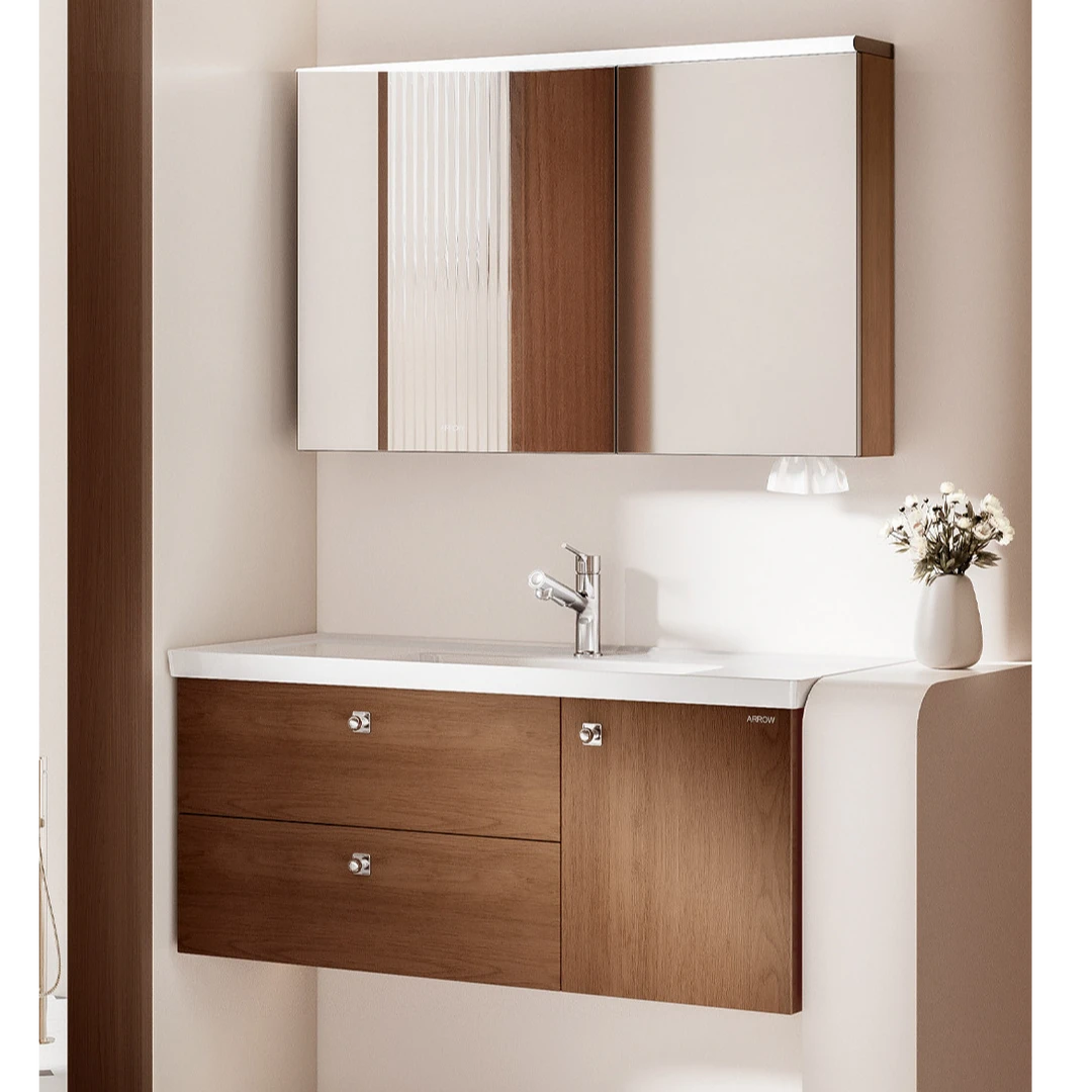 呆尾大牌箭牌正品中古风多层实木悬挂式美妆镜柜陶瓷一体盆浴室柜