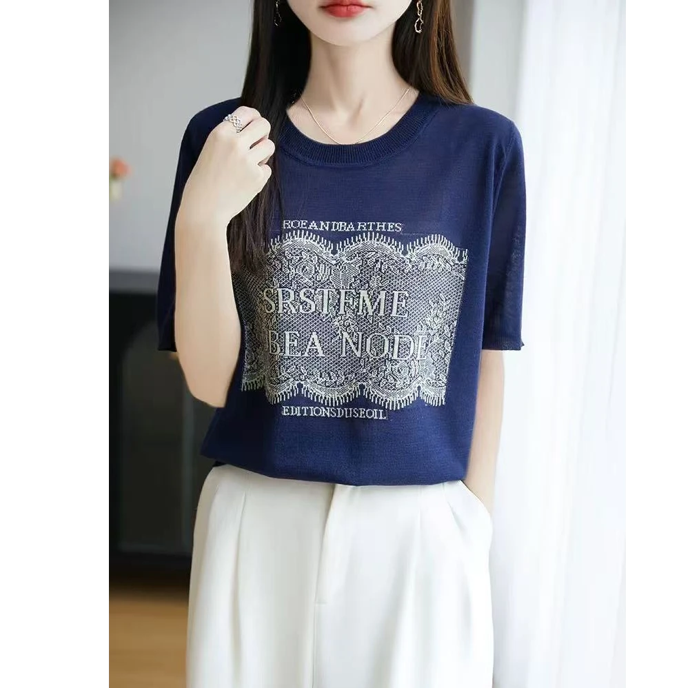 夏季莱赛尔100英文字母提花针织宽松百搭短袖女1221-1