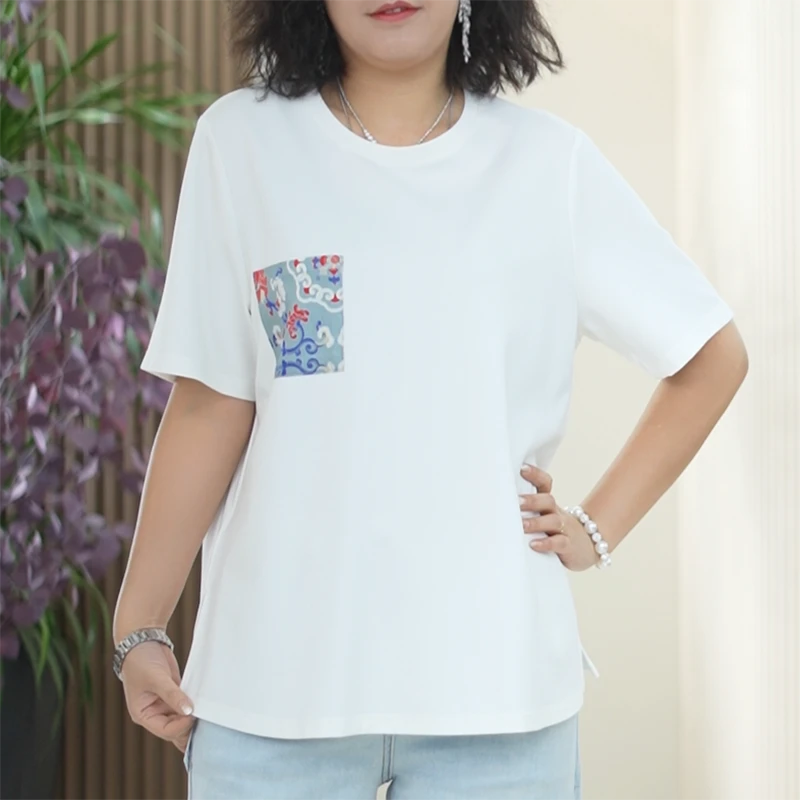 老宋锦T恤女大码弹力百搭新中式100%桑蚕丝休闲夏季显瘦高端上衣