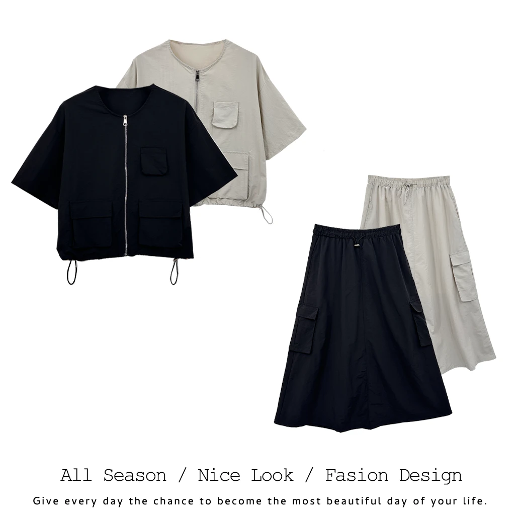 990 抽绳拉链设计短袖上衣搭松紧腰半身裙套装春游出行衣服#401