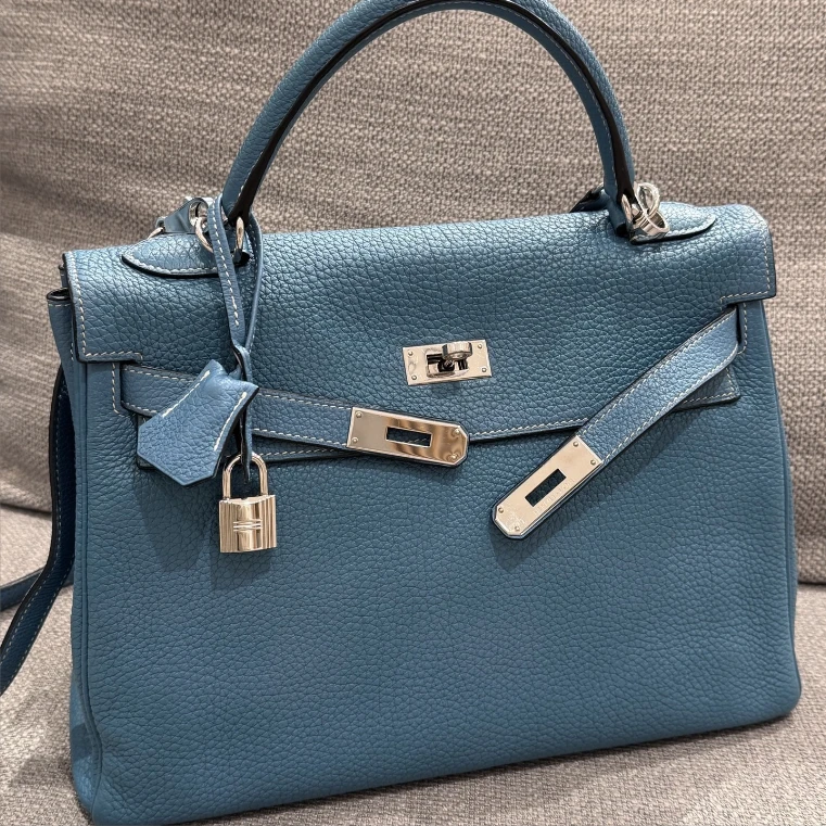 99新 Hermes/爱马仕 kelly32牛仔蓝银扣togo皮L单肩包8463006