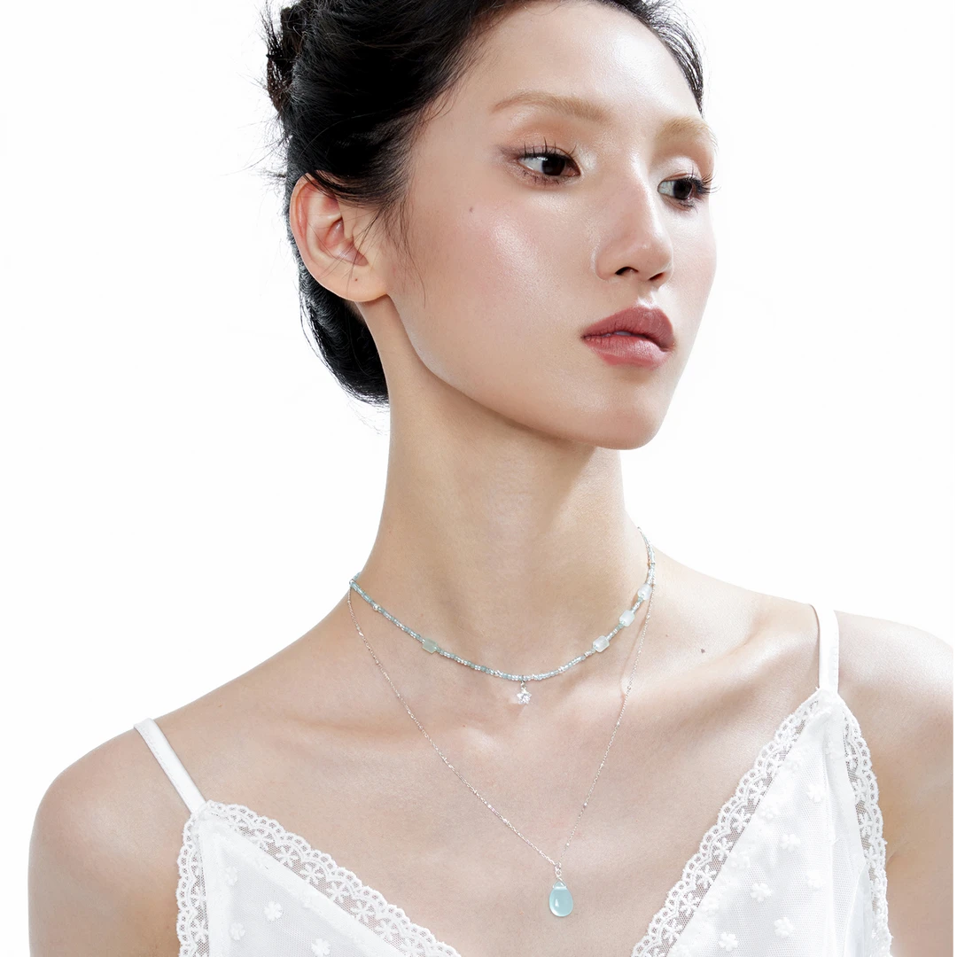 链子925银锆石 "湖蓝色薄荷水滴 吊坠项链"