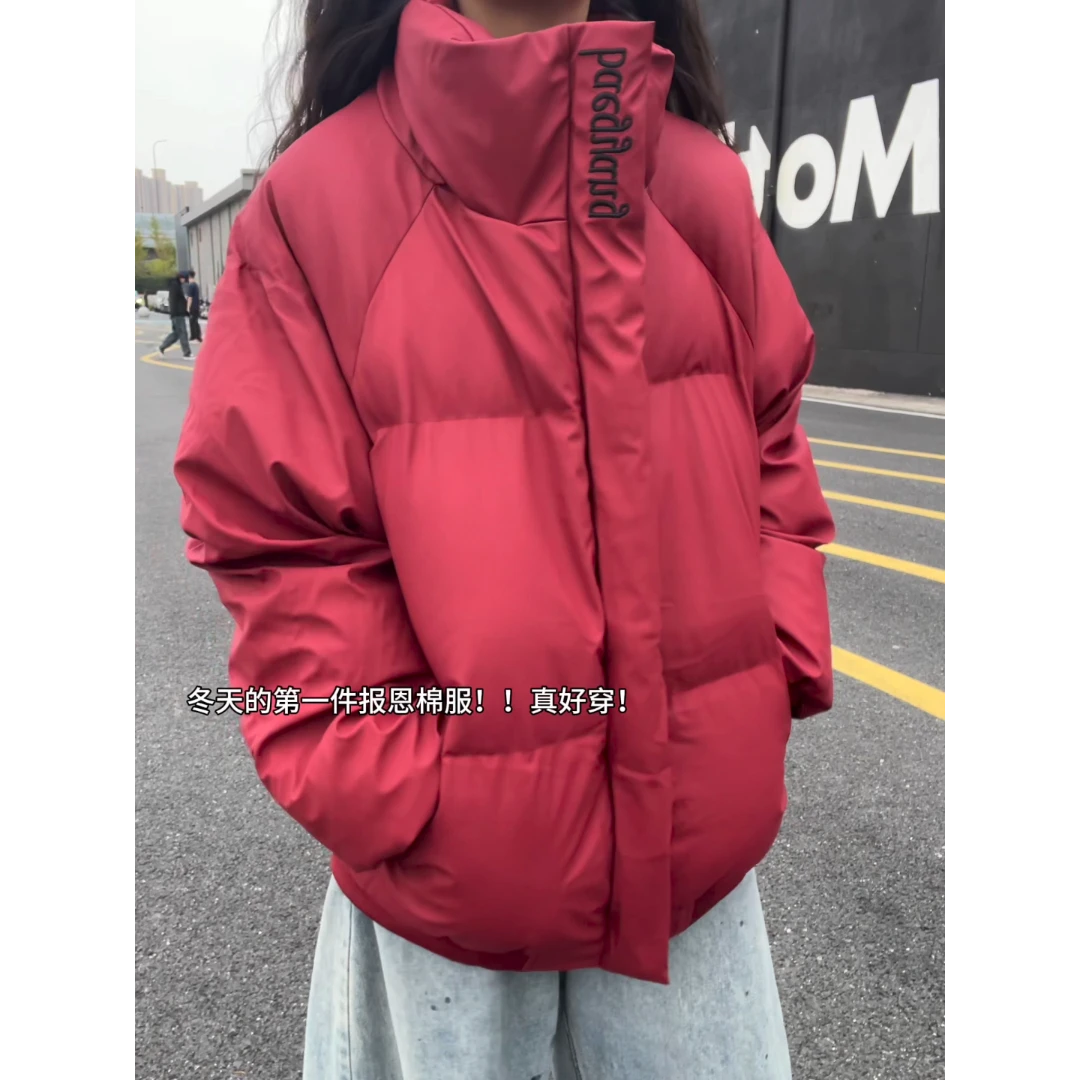 美式字母刺绣PU皮立领棉服男女冬季痞帅高级感棉衣宽松保暖夹克