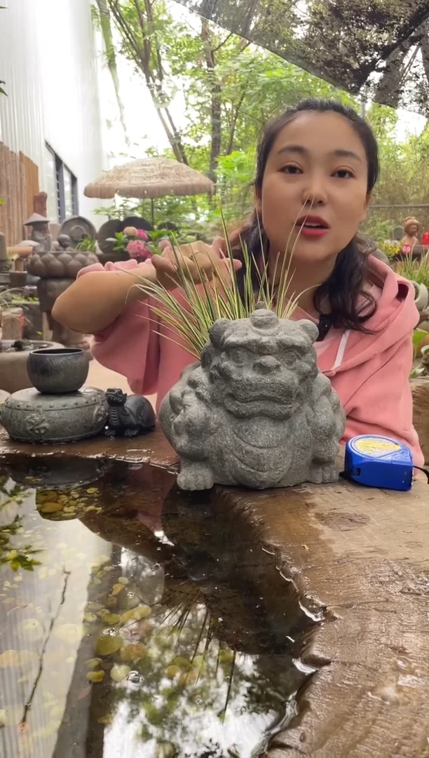 人造石狮子花器造景盆