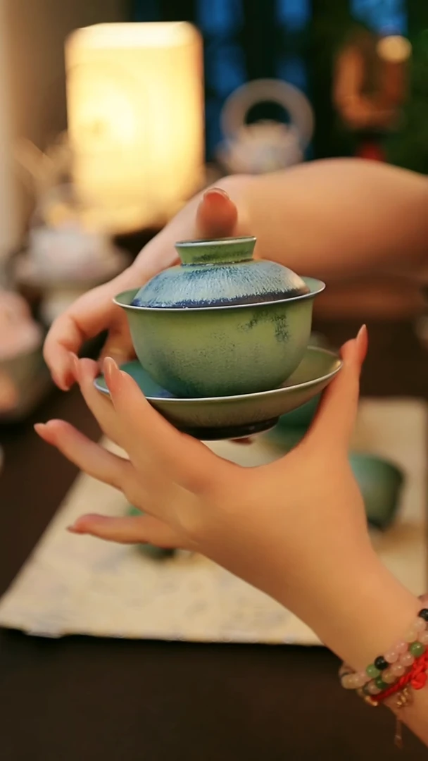 陶瓷茶具楚门窑变铜绿元宝三才盖碗