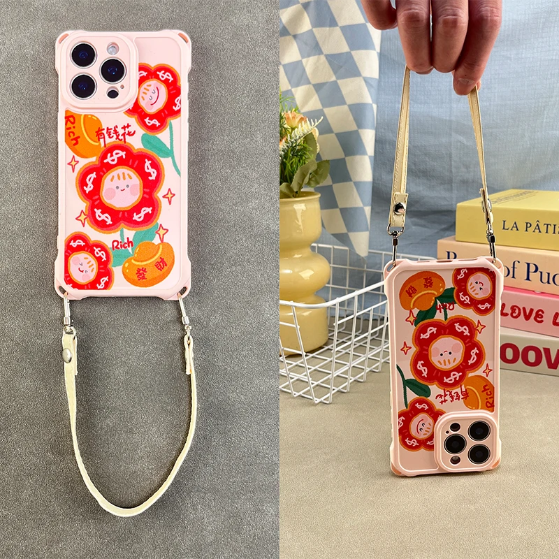 适用华为OPPOvivo小米一加四角挂绳有钱花苹果15PROMAX防摔手机壳