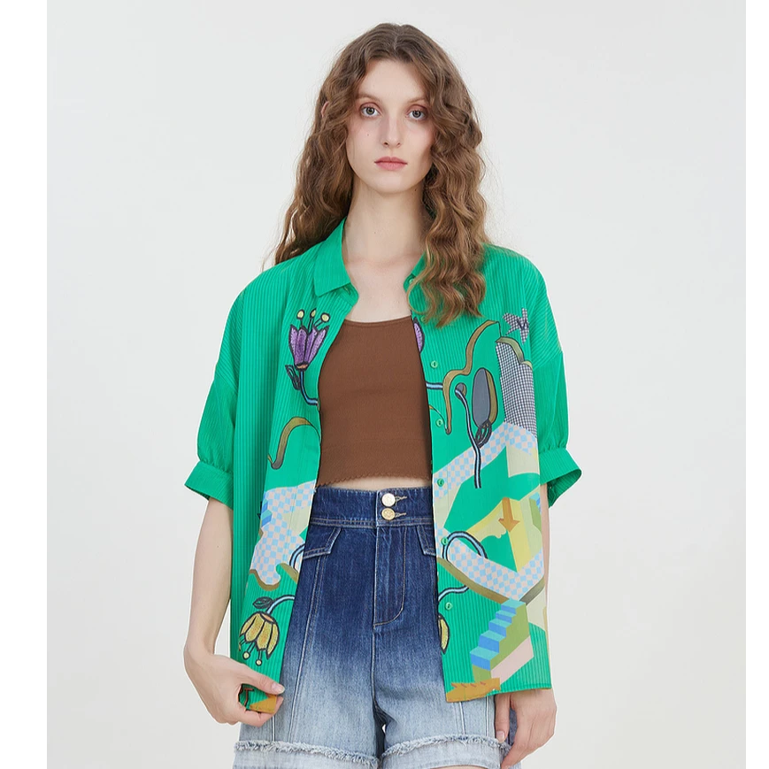 谜底大廓形印花衬衫短袖女2023夏季新款中长款落肩衬衣232MC0510