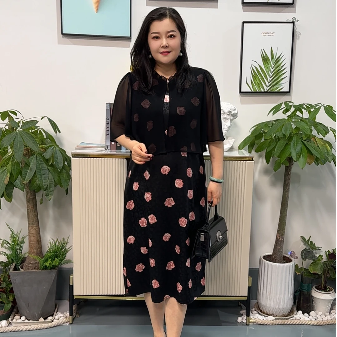 娜丹静原创大码复古贵气玫瑰花假两件连衣裙LD96589