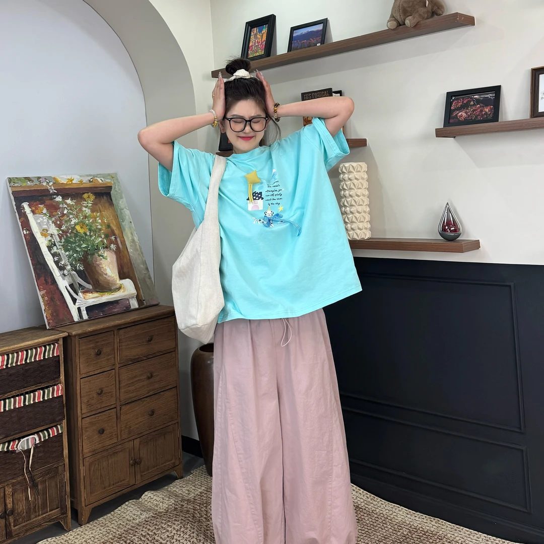 橘子罐头新款休闲百搭宽松设计感圆领ins潮流T恤