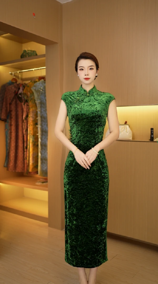 玉生烟  蓝绿日常气质文艺国风复古优雅长款旗袍