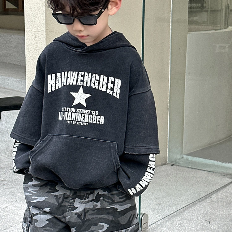 麦哟哟儿童春款连帽卫衣假两件做旧潮酷潮流韩版洋气休闲宽松印花