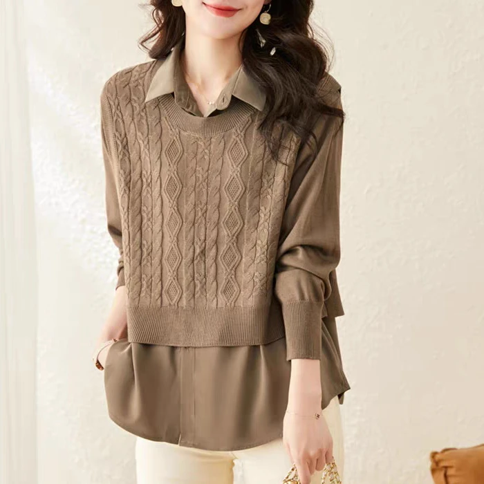 假两件上衣女新款秋短款衬衫领拼接毛衣宽松长袖针织打底衫