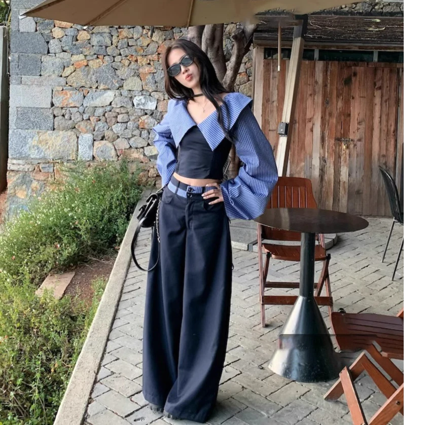 蓝色条纹v领长袖衬衫女春季修身收腰衬衣设计感气质chic两件套