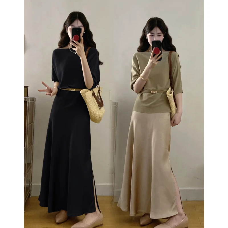 大码夏季高品质圆领宽松上衣配腰带高腰开叉高级感洋气显瘦半身裙