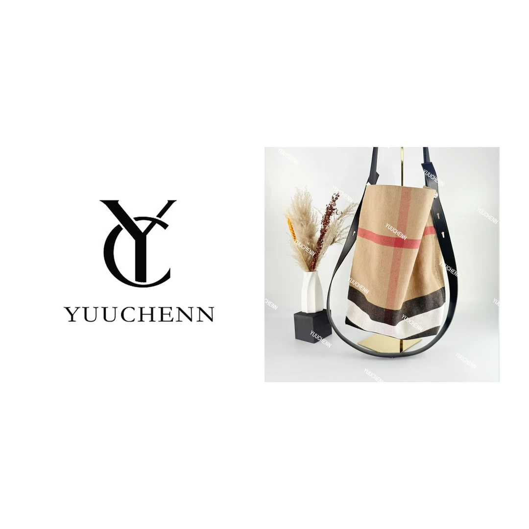 YUUCHENN【格纹水桶包】亚麻布配皮24cm棕色拼色 HH3186