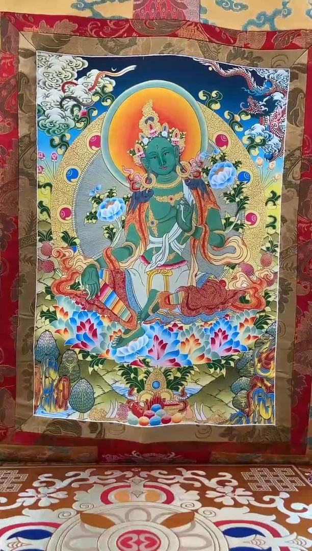 卷轴画矿物质喷绘 绿度母1.3m金色龙布